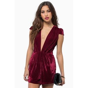 Burgundy red velvet romper with v plunge neckline